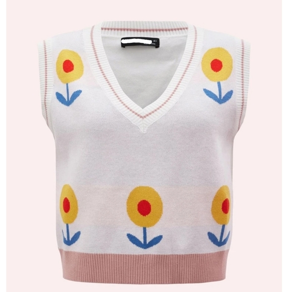 None Sweaters - Springtime Flower Floral Sweater Vest Sleeveless Yellow Flowers S-L Avail